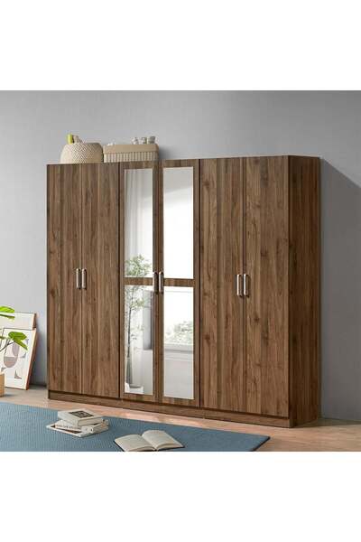 Danube Home Supreme 6-Door Wardrobe with Mirror - Light Walnut, Engineered Wood, 8 Shelves, 2-Year Warranty