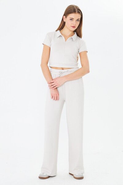 TRENDHİLL Women's Flexible Modal Fabric Polo Neck T-Shirt Stone 8508-t