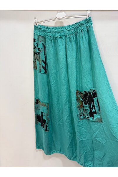 della moor Turquoise Italian Elastic Waist Long Linen Skirt