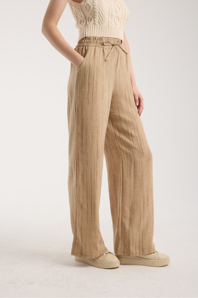MRS.MODA Linen Fabric High Waist Striped Elastic and String Lace-Up Waist Detailed Trousers