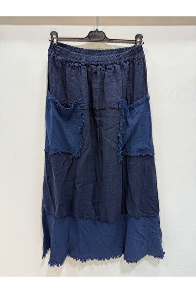 della moor Navy Blue Italian Elastic Waist Tasseled Long Linen Skirt