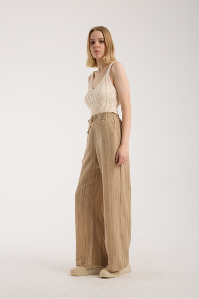 MRS.MODA Linen Fabric High Waist Striped Elastic and String Lace-Up Waist Detailed Trousers