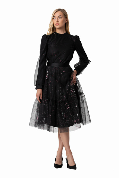 LADYNESS Pul Payetli Tül İkili Takım – Uzun Kollu Bluz & Kat Kat Midi Etek