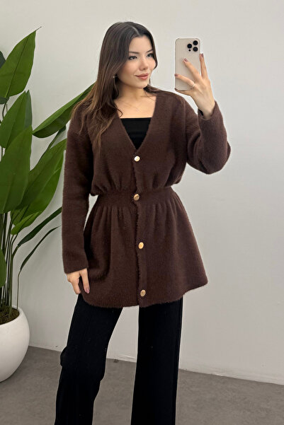 Bipantolon Women's Brown Gold Snap Detailed Soft Knitwear Cardigan