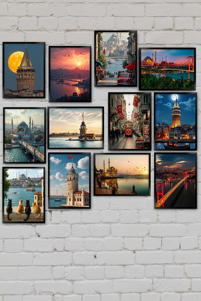 TABLOX 12 Piece Istanbul Landscape Mdf Wood Decorative Painting Set Gift Wall Ornament