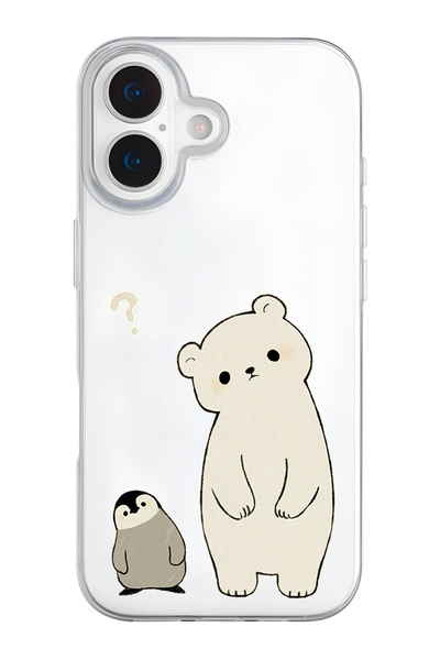 mooodcase iPhone 17 Uyumlu Penguen ve Ayıcık Desenli Şeffaf Silikon Telefon Kılıfı