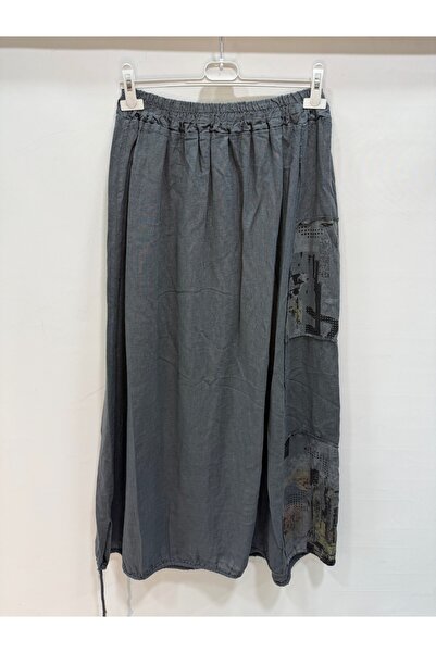 della moor Anthracite Italian Long Linen Skirt with Elastic Waist