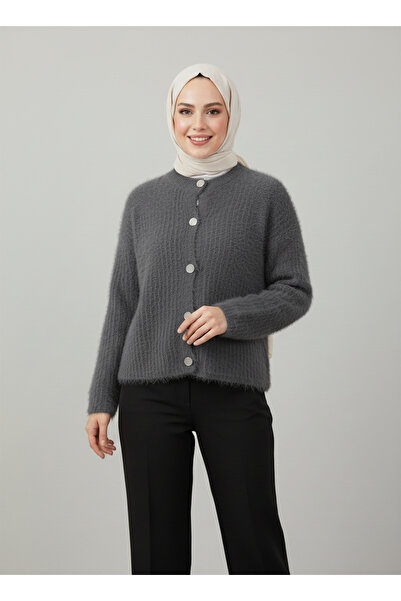 MİHRA STORE Dasia Oyuk Buttoned Bearded Short Cardigan-Zi̇7007 Anthracite