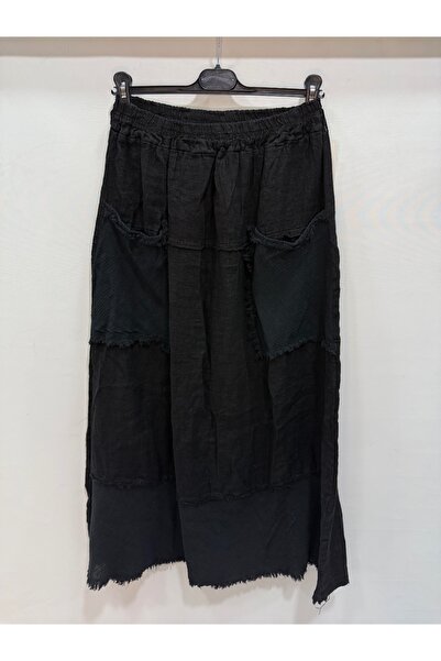della moor Black Italian Elastic Waist Tasseled Long Linen Skirt