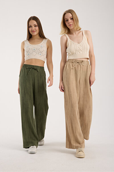 MRS.MODA Linen Fabric High Waist Striped Elastic and String Lace-Up Waist Detailed Trousers