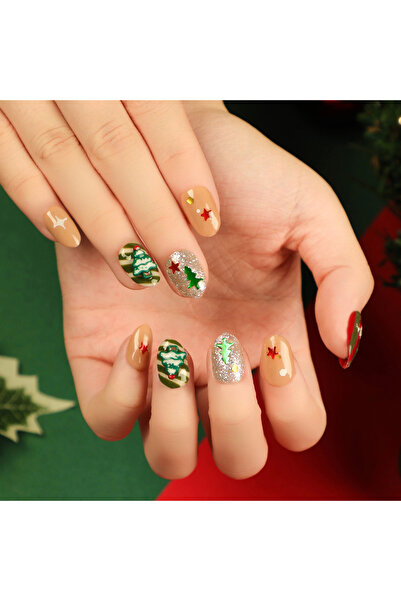 TipsArt Yılbaşı Desenli Kırmızı Yeşil Çizgili Simli Ağaç Desenli Oval Kısa Takma Tırnak Seti (24 Adet)
