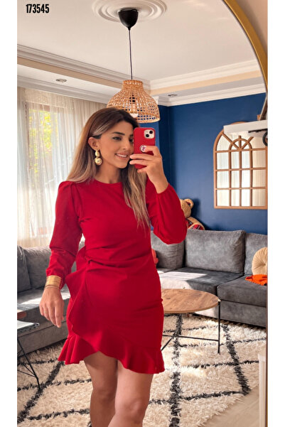 moda wanilia Women's Crew Neck Flounce Detailed Imported Crepe Dress – Engagement, Henna, and Invitation Stylish Dress