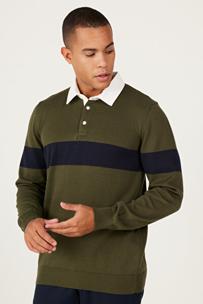 AC&Co / Altınyıldız Classics Khaki-Navy Blue Standard Fit Regular Cut Polo Neck 100% Cotton Patterned Knitwear Sweater