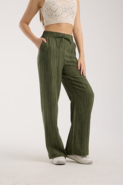 MRS.MODA Linen Fabric High Waist Striped Elastic and String Lace-Up Waist Detailed Trousers