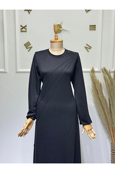 ModaMinar Women's Crystal Combed Cotton Fabric Piped Collar Stone Detailed Dress