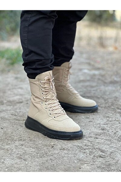 Wagoon WG012 Beige Charcoal Suede Long Lace Up Boots