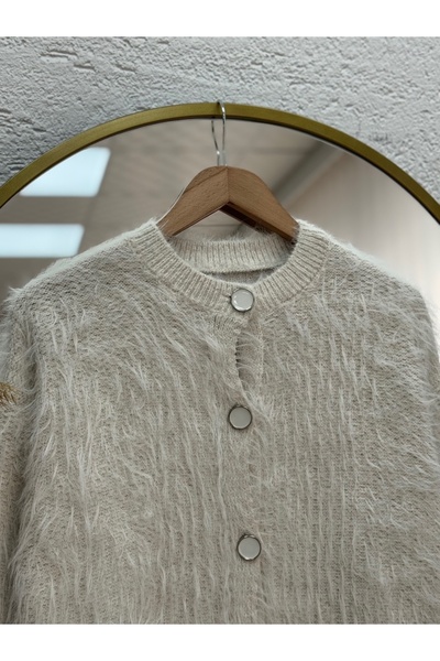 MİHRA STORE Dasia Oyuk Buttoned Bearded Short Cardigan-Zi̇7007 Stone