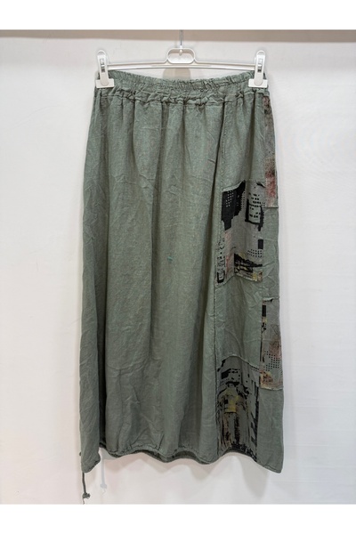 della moor Khaki Italian Elastic Waist Long Linen Skirt
