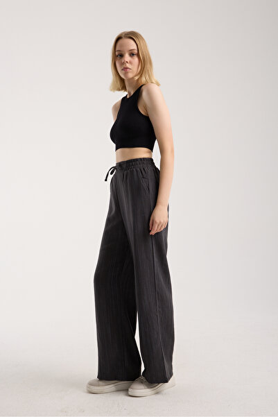 MRS.MODA Linen Fabric High Waist Striped Elastic and String Lace-Up Waist Detailed Trousers