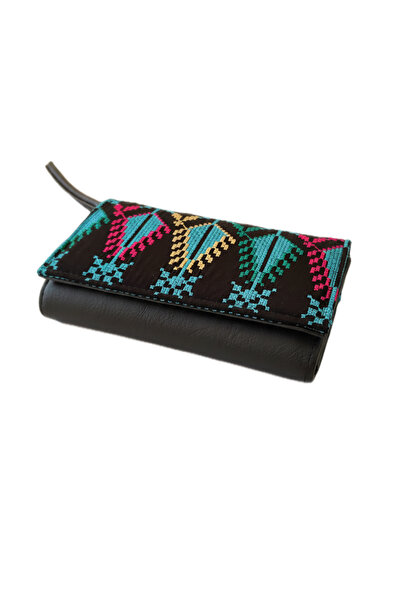 Zaytoon Black Color Blue and Colorful Embroidered Snap Closure Women's Hand Wallet 19*11 cm A100023