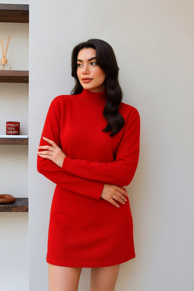 BEGBOR LİNGERİE Begbor Women's Knitwear Two-Piece Set – Half Turtleneck Sweater & Mini Skirt Combination – Red