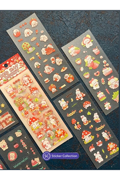 SC Sticker Collection Kawaii Kırmızı Meyveler ve Sevimli Hayvanlar Temalı 6 Yaprak 130 Adet Sticker Seti /Etiket/Çıkartma