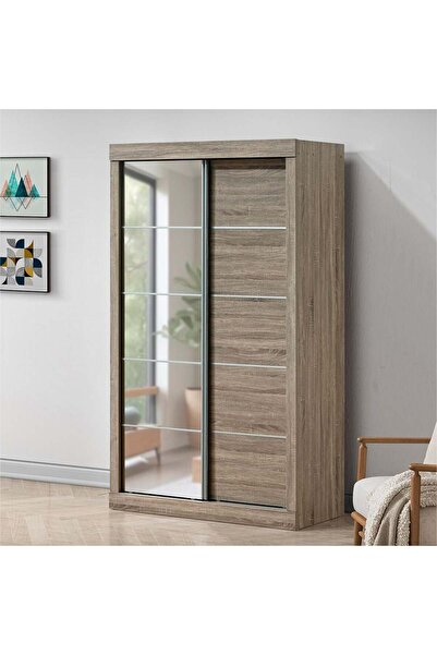 Danube Home Supreme New 2-Door Compact Sliding Door Wardrobe with Mirrors - French Sonoma Oak, 121x57.5x210cm
