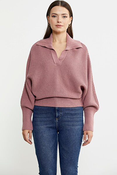 Sementa Bat Sleeve Polo Neck Wool Knit Sweater - Rose