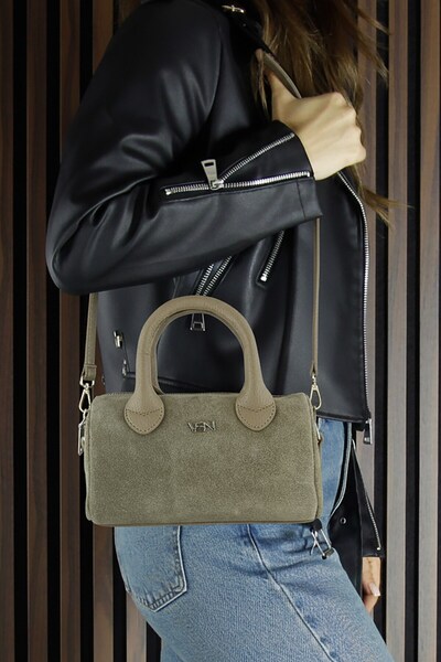 Erkan Saçmacı Kum Genuine Cowhide Suede Zippered Small Size Daily Shoulder Bag with Hanging Inner Pocket
