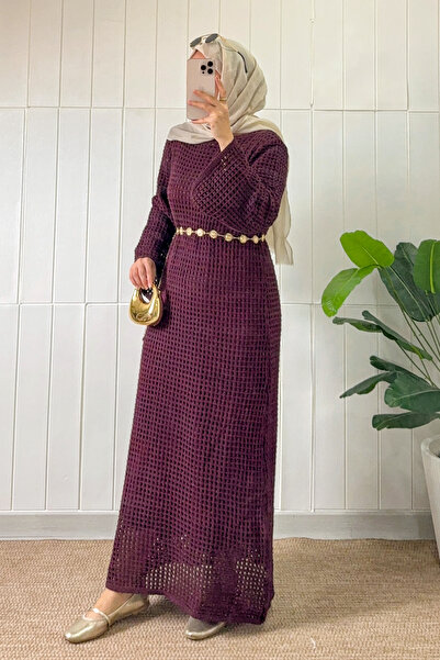 Salih Çelebi Lace-Like Knit Knitwear Dress 070336 - Bordo