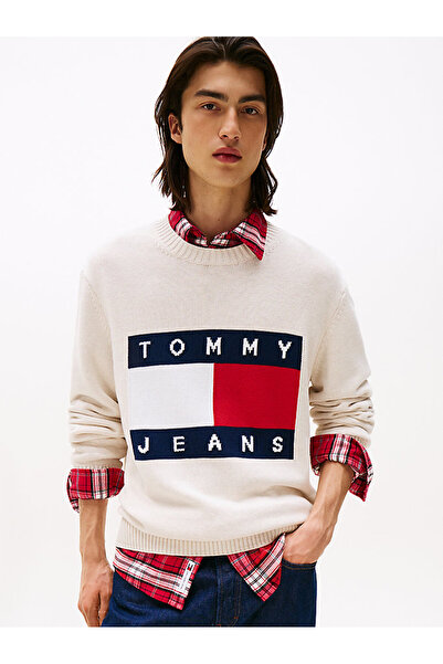 Tommy Hilfiger Tjm Normal Cut Melange Flag Patterned Men's Beige Sweater Dm0D...