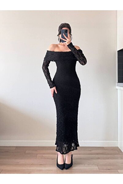 LOCH BUTİK فستان ماكسي نسائي أسود بدون حمالات وياقة مكشكشة