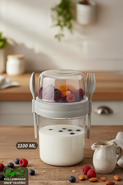 ELDİPA Mega Boy 1100 ml Diet Nutrition Container Double Compartmented with Spoon for Muesli Yogurt Salad Carry Container