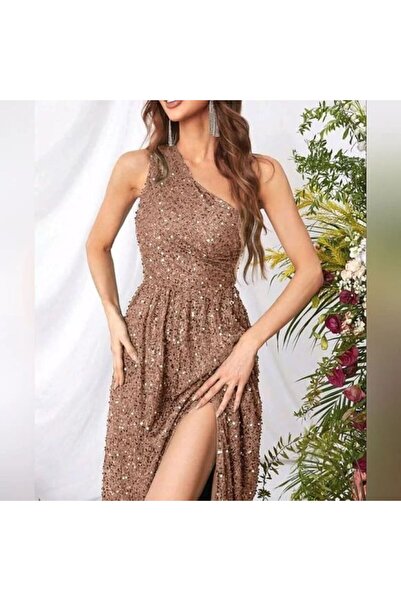 Justforjoyful ✨ Glamorous Rose Gold Sequin One-Shoulder Maxi Dress ✨