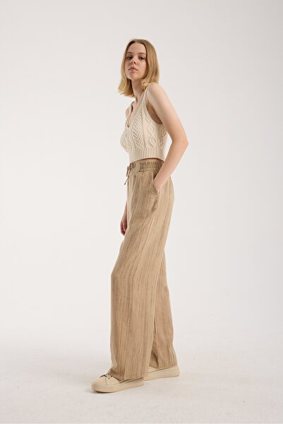 MRS.MODA Linen Fabric High Waist Striped Elastic and String Lace-Up Waist Detailed Trousers