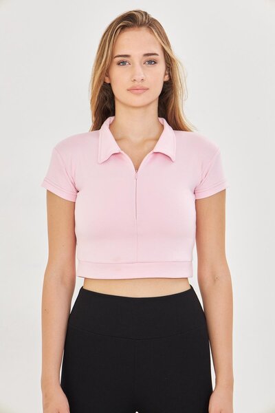 TRENDHİLL Women's Stretchy Modal Fabric Polo Neck T-Shirt Pink 8508-P