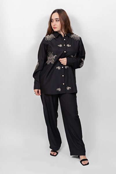 LINELLE Ladies Cord Set–Soft Crepe Black Shirt with Embroidery Full Sleeves and Solid Black Pant