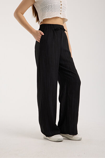 MRS.MODA Linen Fabric High Waist Striped Elastic and String Lace-Up Waist Detailed Trousers