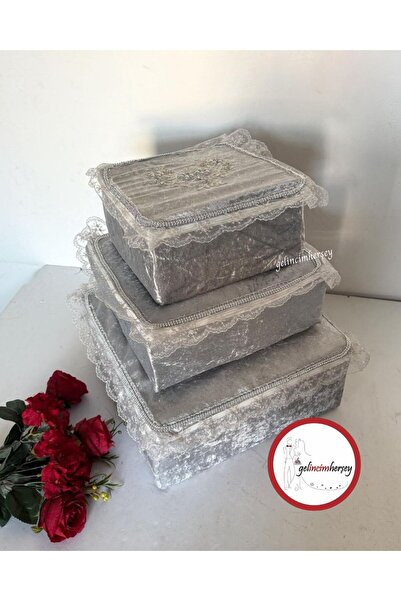 Gelincimherşey 3'lü Nişan Çeyiz Bohçası İçin Dantelli Kadife Hurç