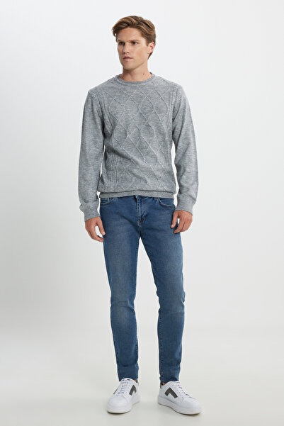 ALTINYILDIZ CLASSICS Gray Melange Standard Fit Regular Cut Crew Neck Fleece-Lined Soft Textured Knitwear Sweater