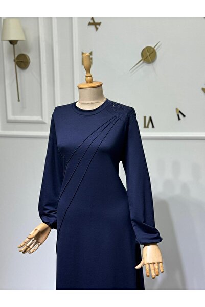 ModaMinar Women's Crystal Combed Cotton Fabric Piped Collar Stone Detailed Dress