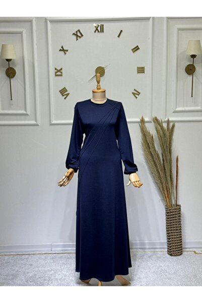 ModaMinar Women's Crystal Combed Cotton Fabric Piped Collar Stone Detailed Dress