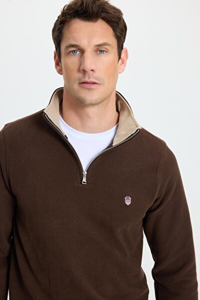 Tudors Men's Slim Fit Slim Fit Cotton Thessaloniki Fabric Mock Neck Brown Sweatshirt