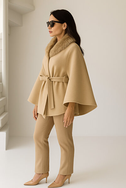 BEGBOR LİNGERİE Women's Fur Collar Poncho with Cashmere Belt – Stylish Winter Model