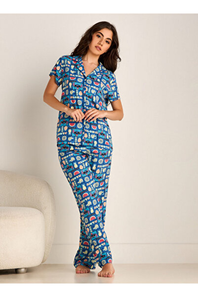 FAV طقم بيجامة من الفيسكوز بطبعة غرز