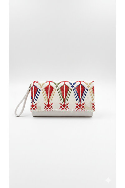 Zaytoon White Colorful Red and Colorful Embroidered Snap Closure Women's Hand Wallet 19*11 cm A100021