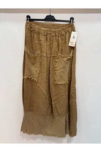della moor Camel Italian Elastic Waist Tasseled Long Linen Skirt