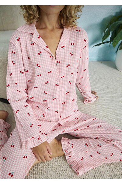 İNKO İÇ GİYİM Σετ πιτζάμες με μαλακό μοτίβο με κουμπιά και γιακά πουκάμισου