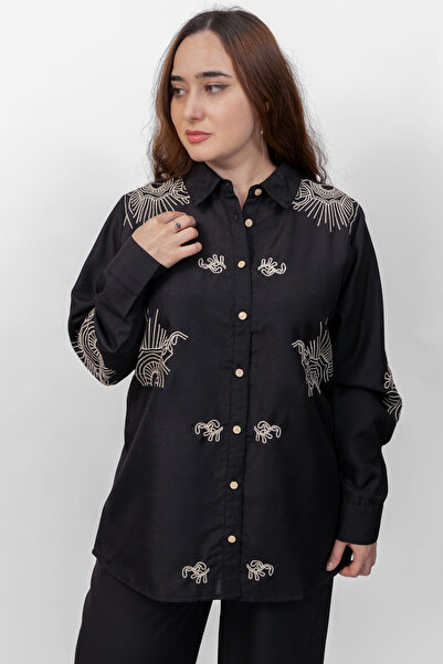 LINELLE Ladies Cord Set–Soft Crepe Black Shirt with Embroidery Full Sleeves and Solid Black Pant