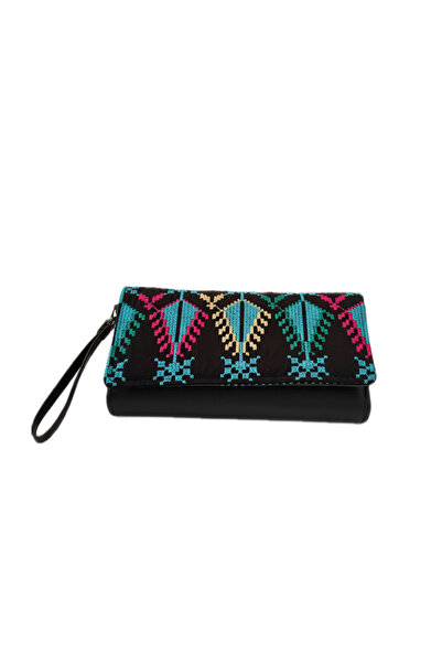 Zaytoon Black Color Blue and Colorful Embroidered Snap Closure Women's Hand Wallet 19*11 cm A100023